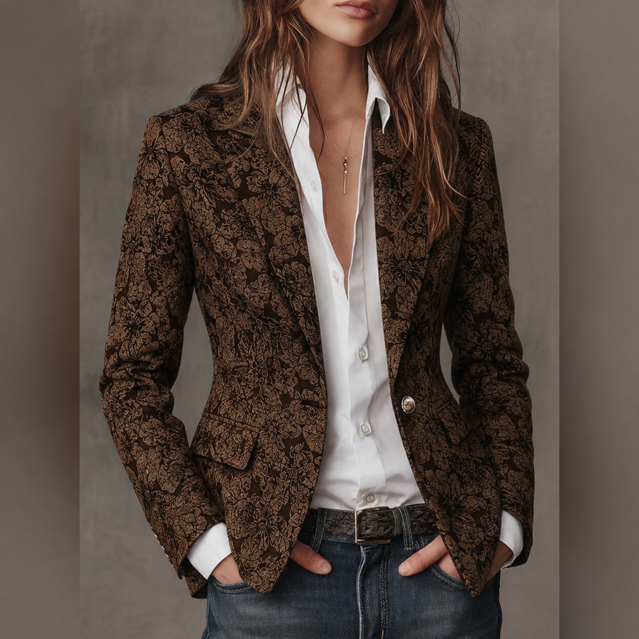 Women's fitted paisley jacquard blazer with wrapped lapels and long sleeves