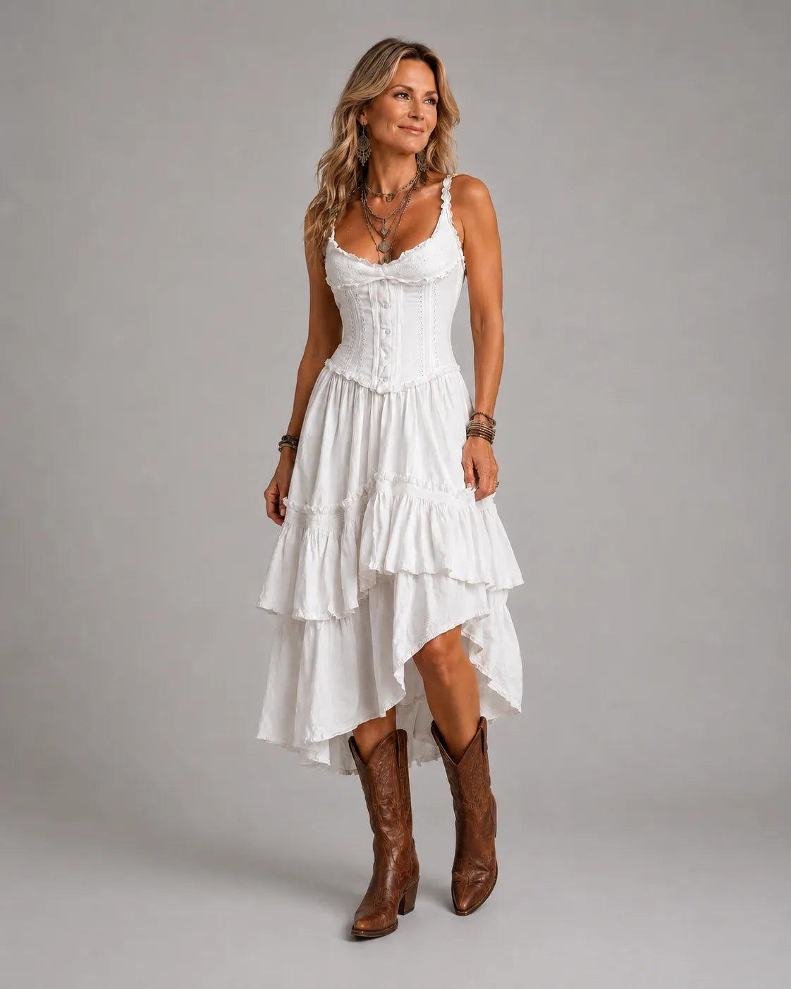 Boho corset midi dress with tiered skirt and delicate lace trim at the neckline