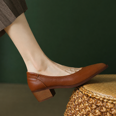 Cora pointed toe block heel slip-on pumps shown in apricot, black and brown