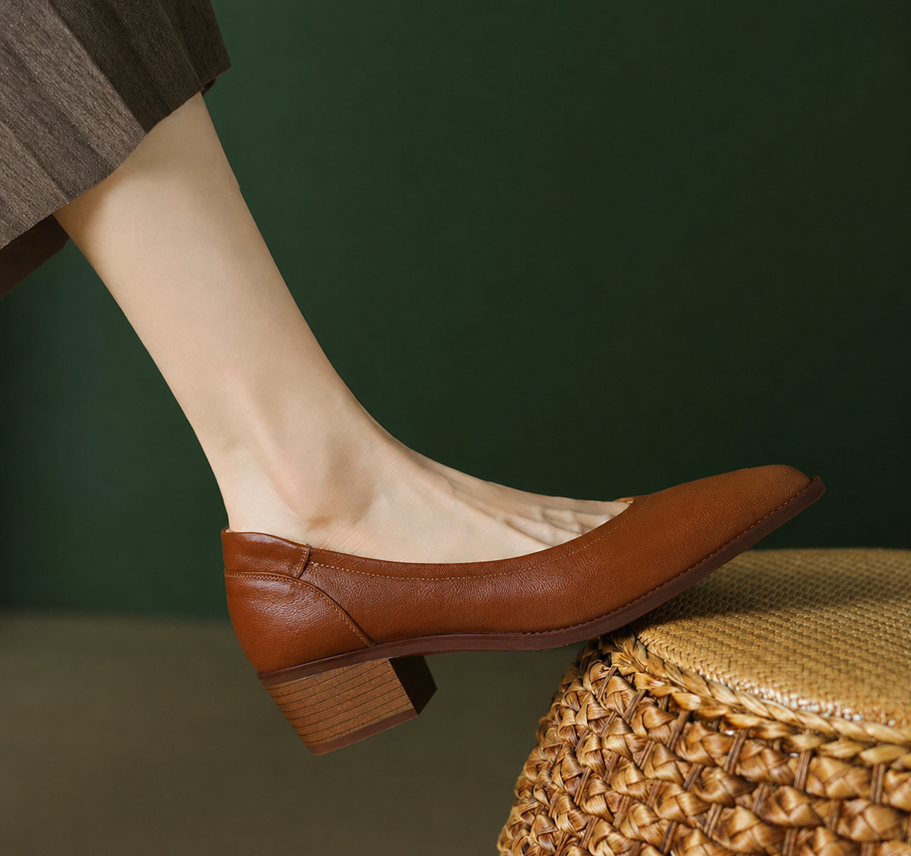 Cora pointed toe block heel slip-on pumps shown in apricot, black and brown