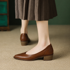 Cora pointed toe block heel slip-on pumps shown in apricot, black and brown