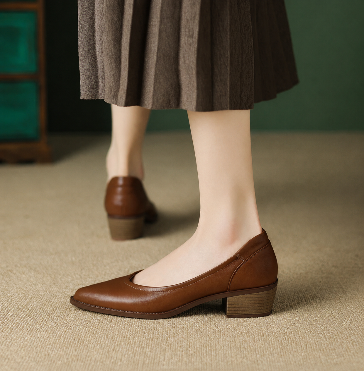 Cora pointed toe block heel slip-on pumps shown in apricot, black and brown