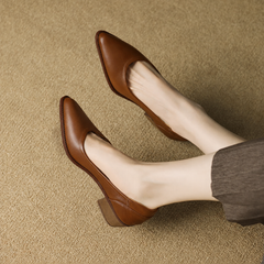 Cora pointed toe block heel slip-on pumps shown in apricot, black and brown