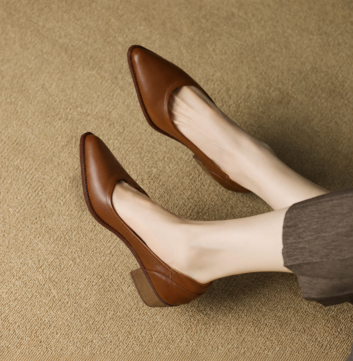 Cora pointed toe block heel slip-on pumps shown in apricot, black and brown