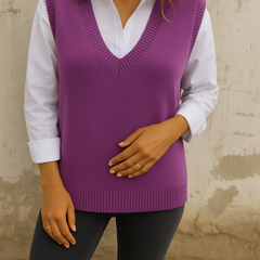 Sleeveless V-neck longline sweater vest with ribbed hem in a relaxed straight fit