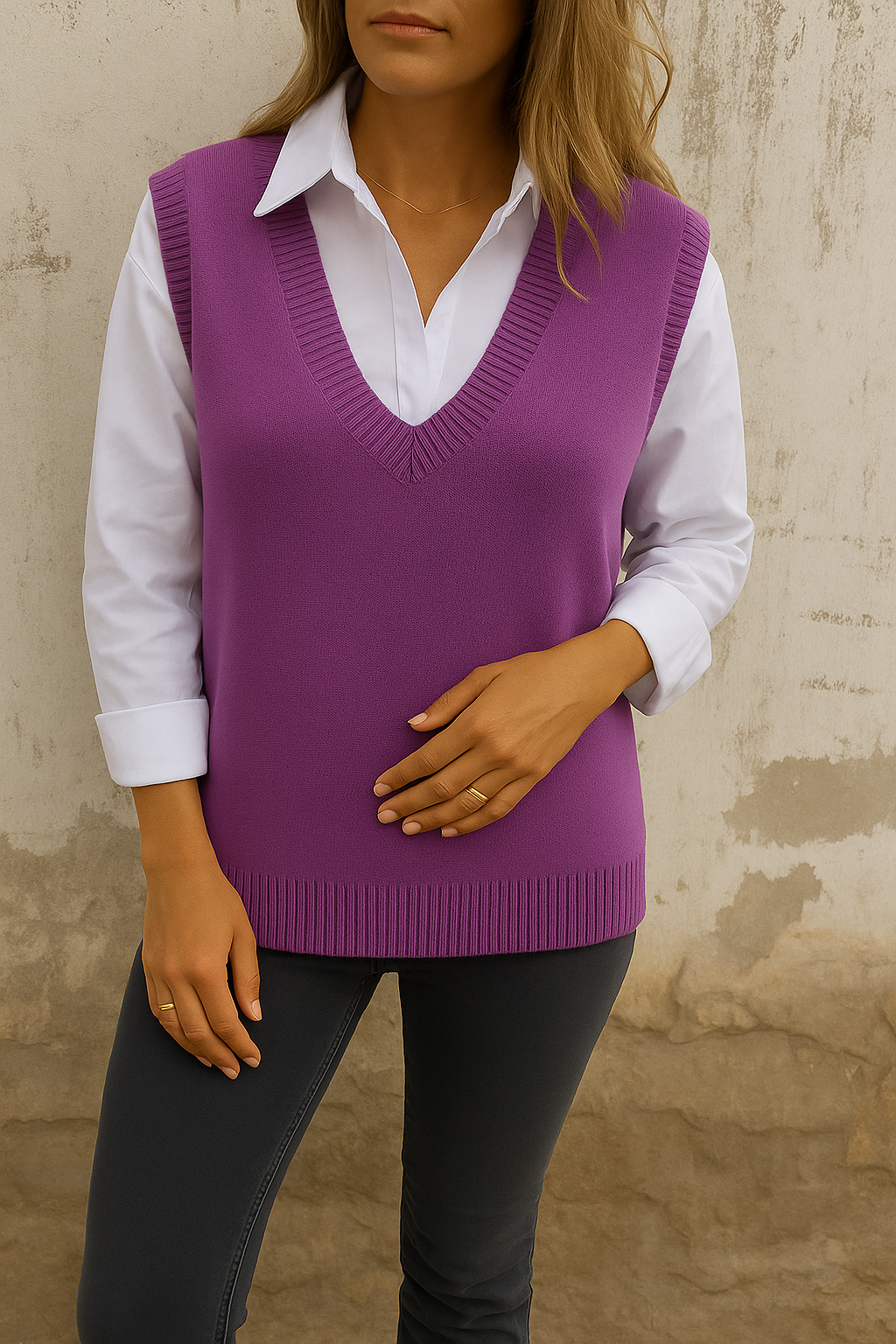 Sleeveless V-neck longline sweater vest with ribbed hem in a relaxed straight fit
