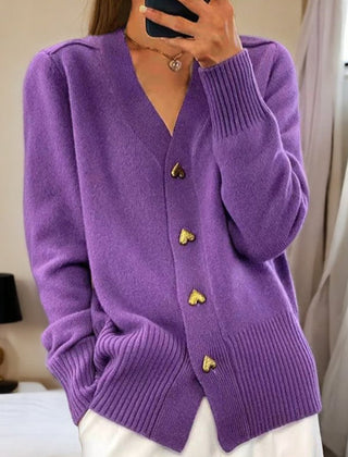 Women's V-neck button-front soft knit cardigan with long sleeves