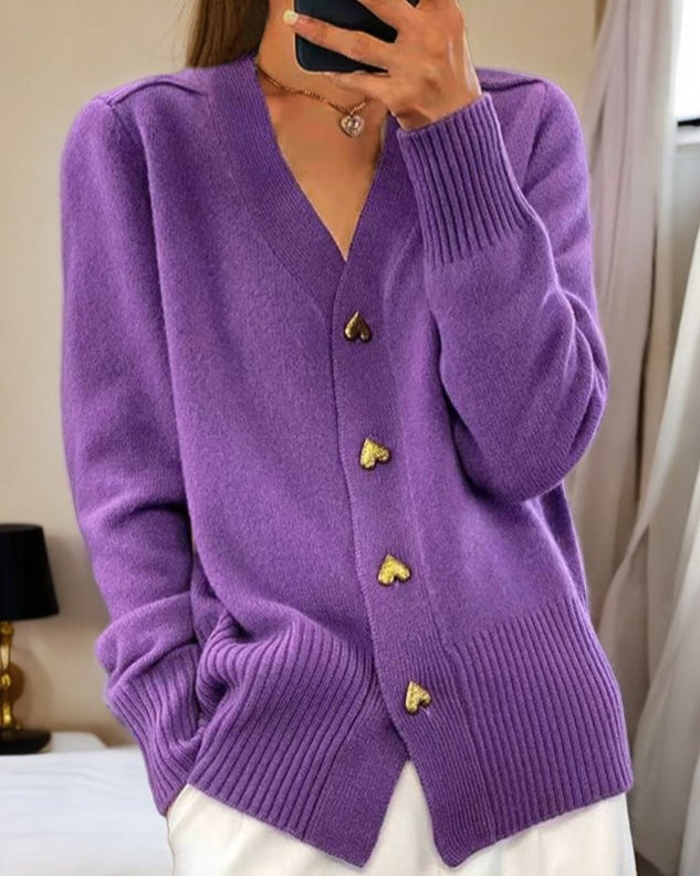 Women's V-neck button-front soft knit cardigan with long sleeves