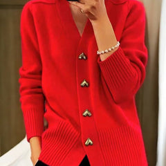 Women's V-neck button-front soft knit cardigan with long sleeves