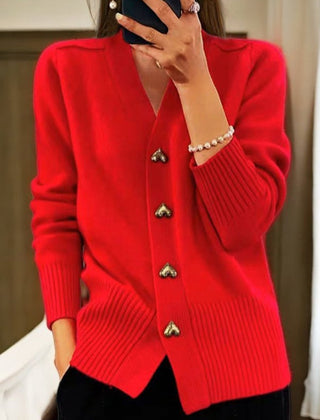 Women's V-neck button-front soft knit cardigan with long sleeves