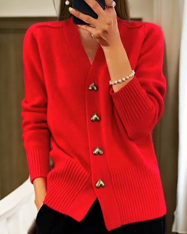 Women's V-neck button-front soft knit cardigan with long sleeves