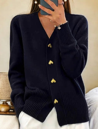 Women's V-neck button-front soft knit cardigan with long sleeves