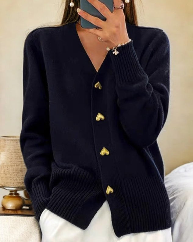 Women's V-neck button-front soft knit cardigan with long sleeves