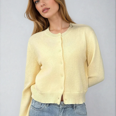 Women's classic button-front knit cardigan with crew neckline and ribbed trims