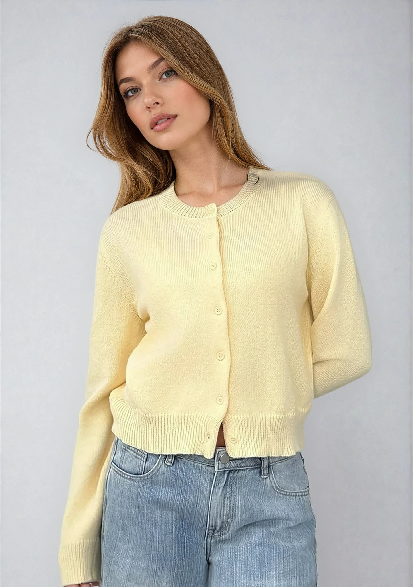 Women's classic button-front knit cardigan with crew neckline and ribbed trims