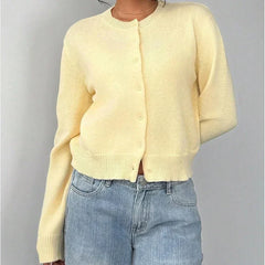 Women's classic button-front knit cardigan with crew neckline and ribbed trims