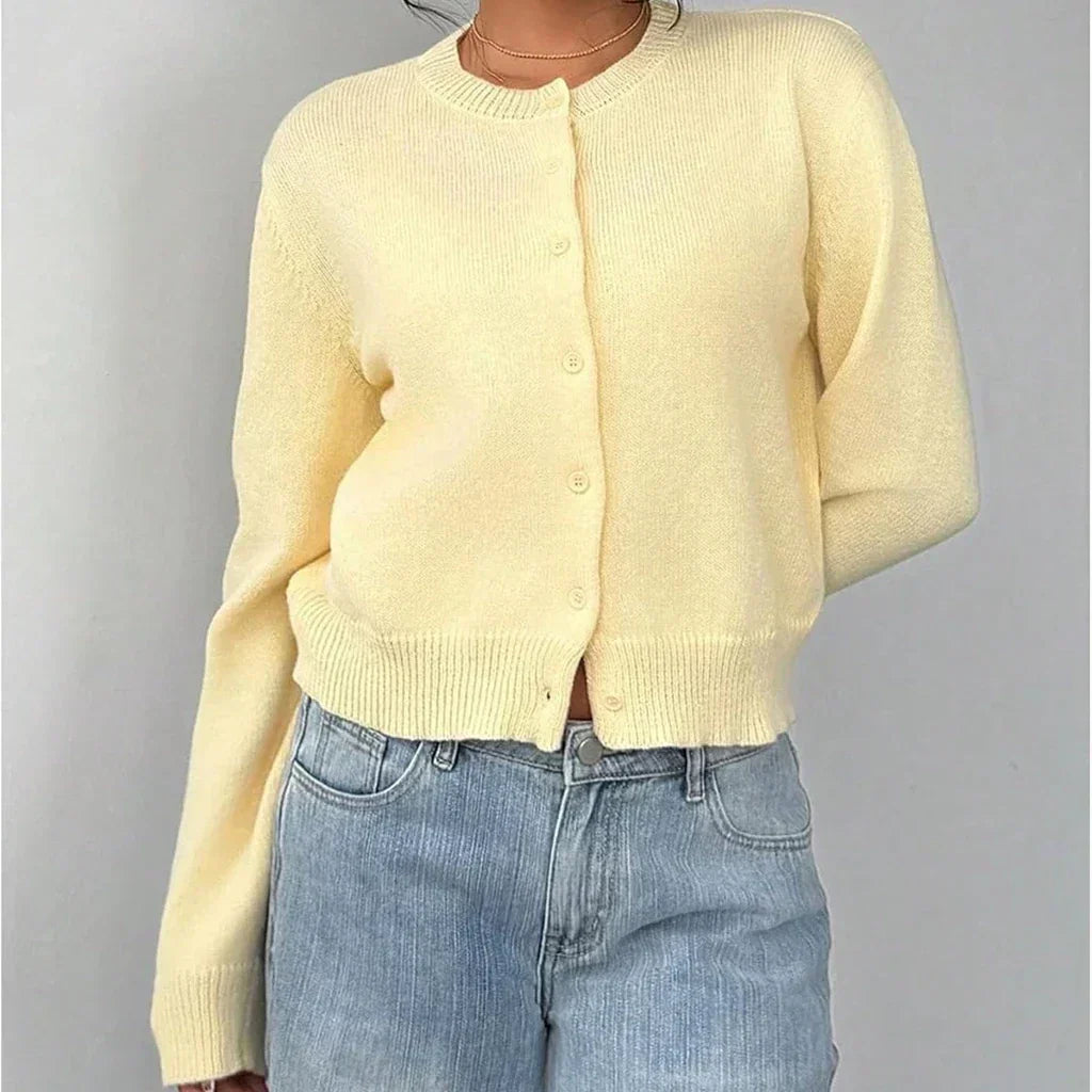 Women's classic button-front knit cardigan with crew neckline and ribbed trims