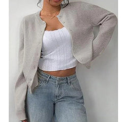 Women's classic button-front knit cardigan with crew neckline and ribbed trims