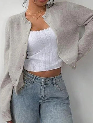 Women's classic button-front knit cardigan with crew neckline and ribbed trims
