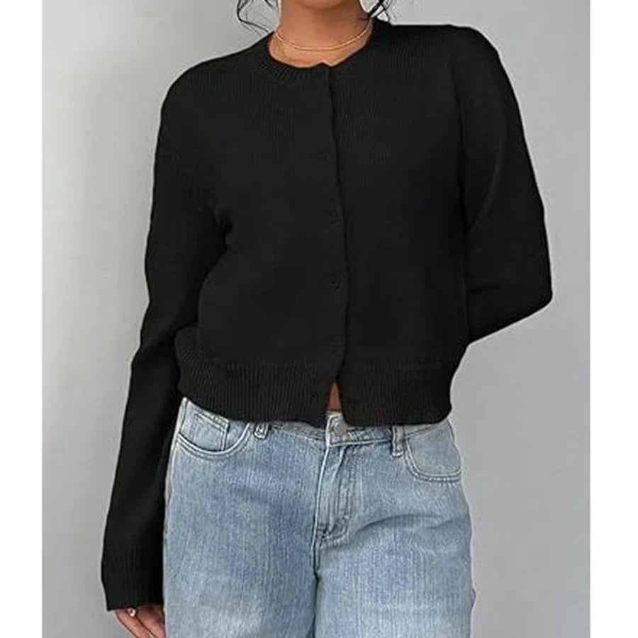 Women's classic button-front knit cardigan with crew neckline and ribbed trims