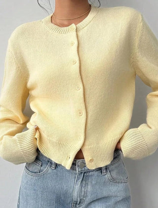 Women's classic button-front knit cardigan with crew neckline and ribbed trims