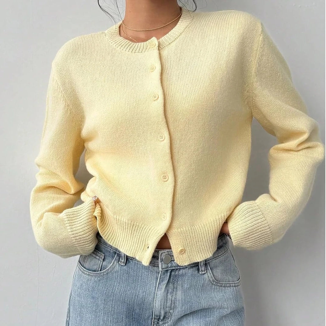 Women's classic button-front knit cardigan with crew neckline and ribbed trims