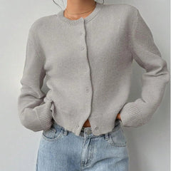 Women's classic button-front knit cardigan with crew neckline and ribbed trims