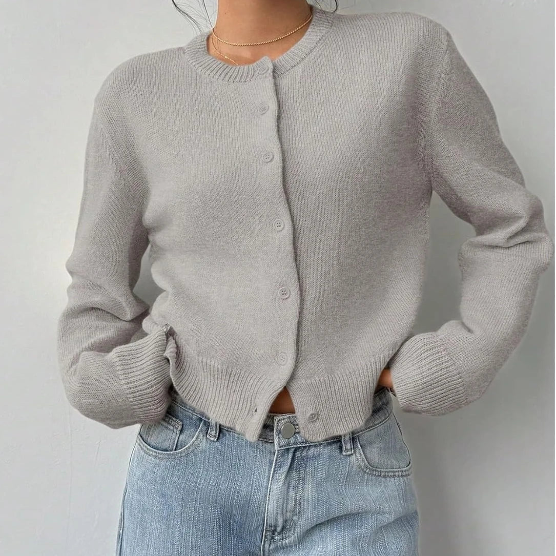 Women's classic button-front knit cardigan with crew neckline and ribbed trims