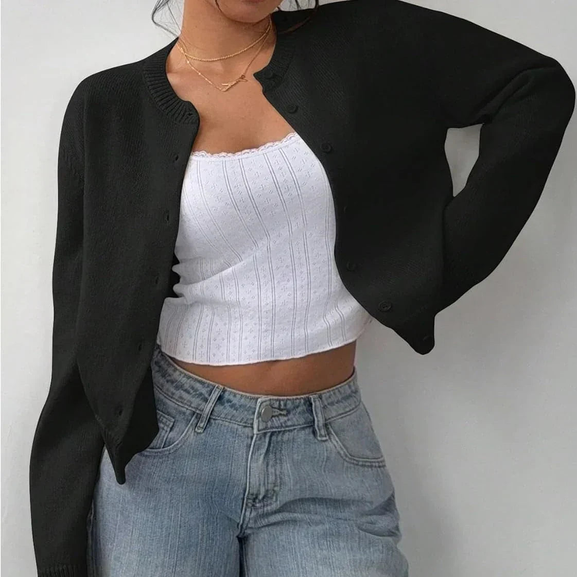 Women's classic button-front knit cardigan with crew neckline and ribbed trims