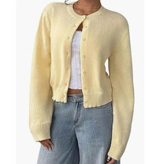 Women's classic button-front knit cardigan with crew neckline and ribbed trims