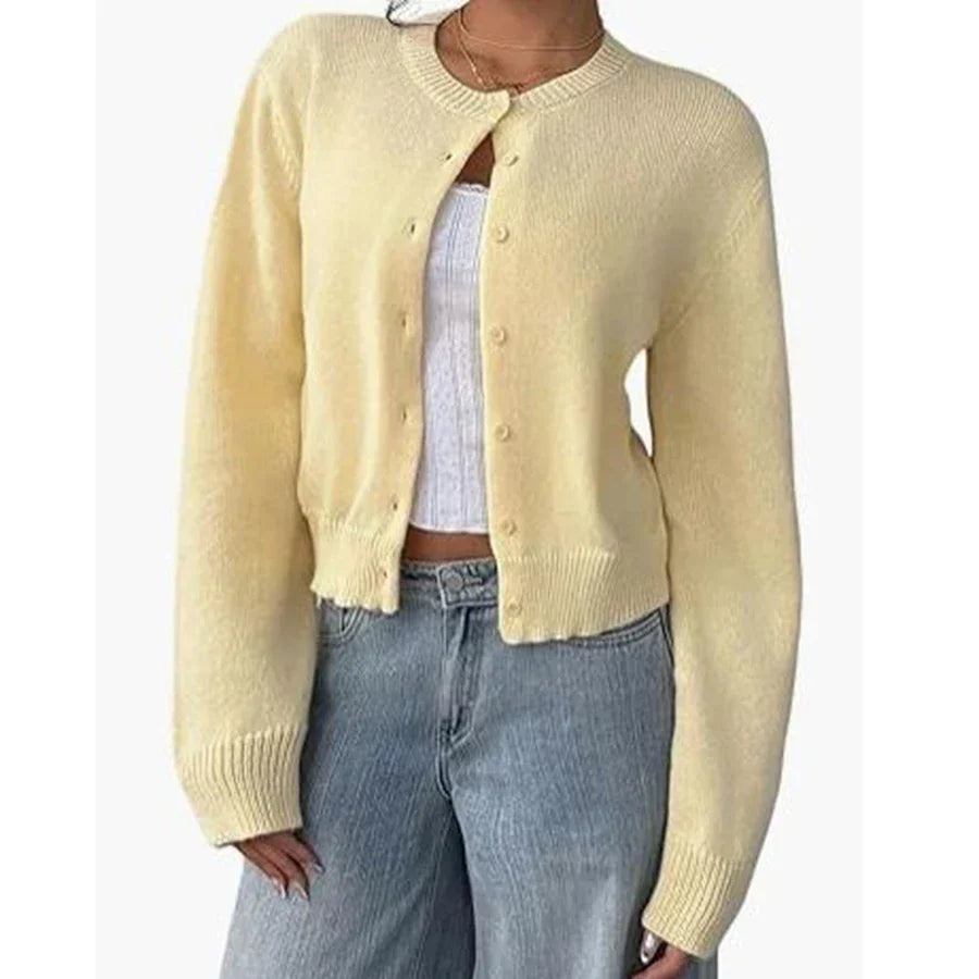 Women's classic button-front knit cardigan with crew neckline and ribbed trims