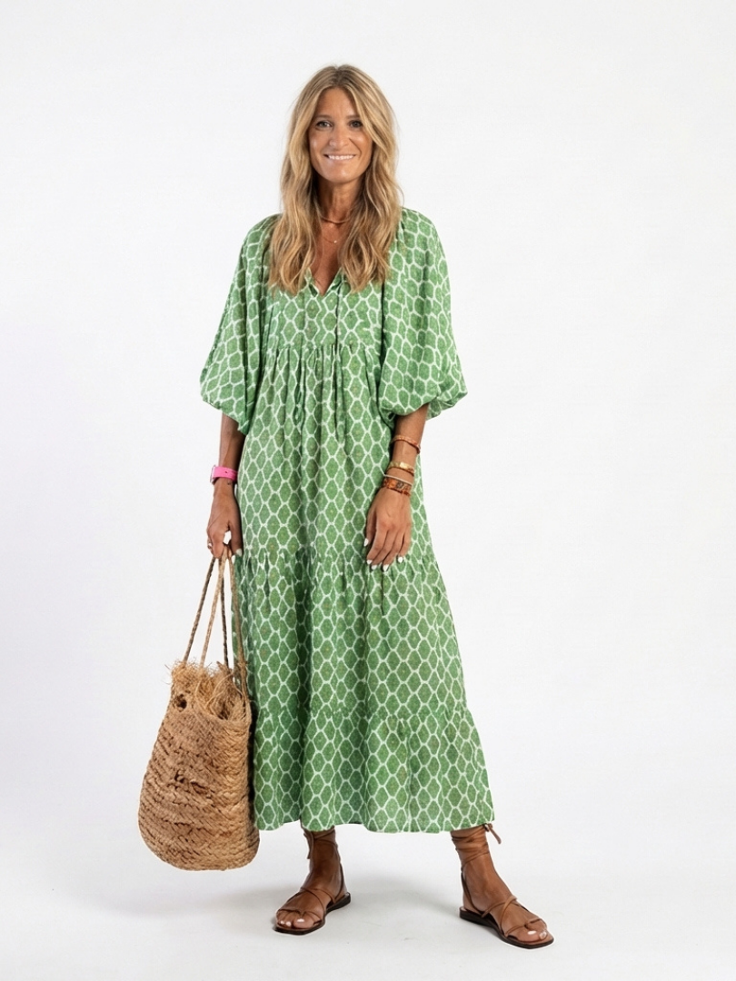 Apolline | Midi Dress with Three-Quarter Sleeves and V-Neck Patterned Design