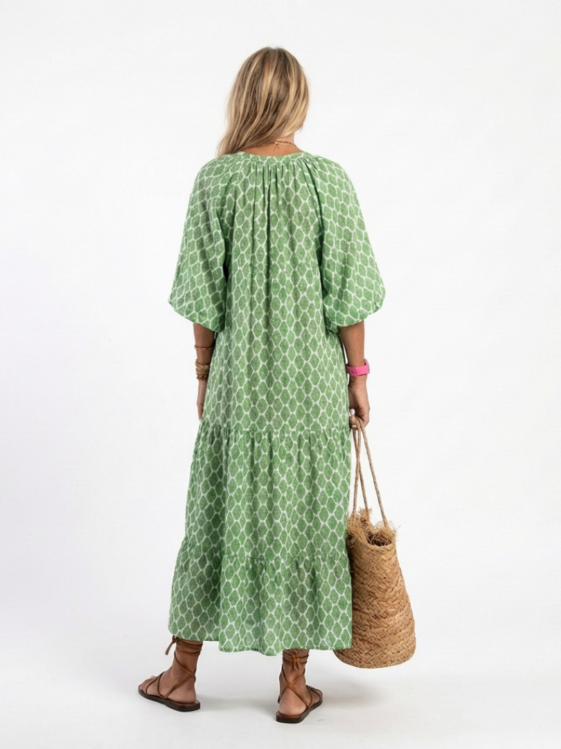 Apolline | Midi Dress with Three-Quarter Sleeves and V-Neck Patterned Design