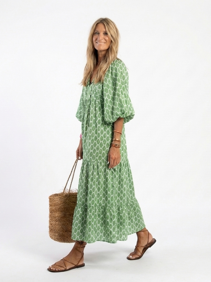 Apolline | Midi Dress with Three-Quarter Sleeves and V-Neck Patterned Design