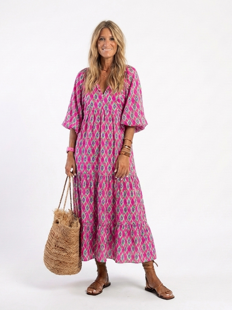 Apolline | Midi Dress with Three-Quarter Sleeves and V-Neck Patterned Design