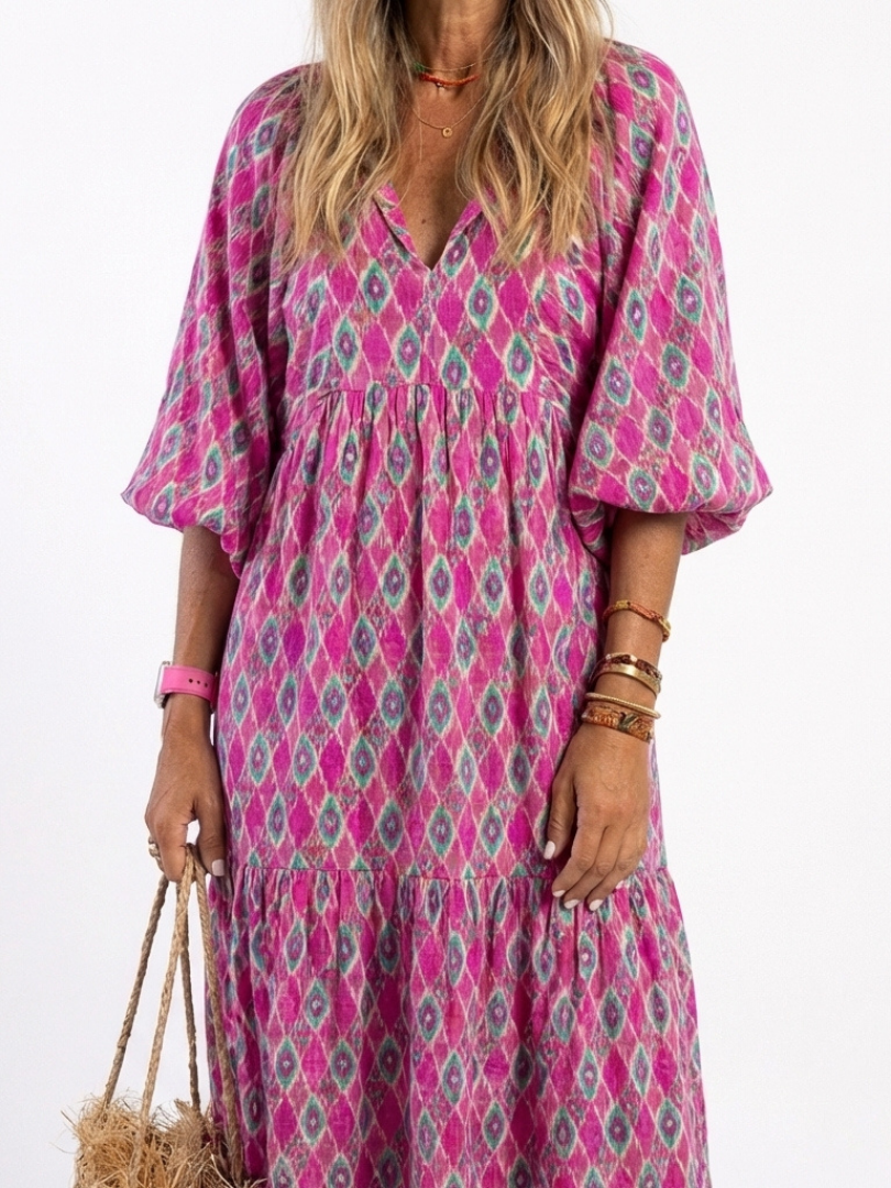 Apolline | Midi Dress with Three-Quarter Sleeves and V-Neck Patterned Design