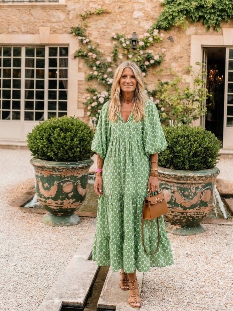 Apolline | Midi Dress with Three-Quarter Sleeves and V-Neck Patterned Design