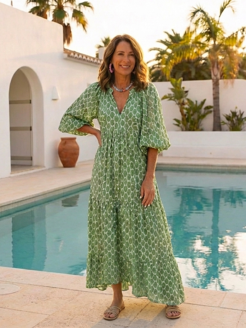 Apolline | Midi Dress with Three-Quarter Sleeves and V-Neck Patterned Design