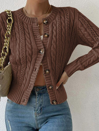 Cropped cable knit button-front cardigan with long sleeves, shown in a neutral tone