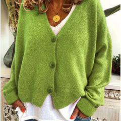 Women's V-neck button-front long sleeve cardigan with a relaxed hip-length fit