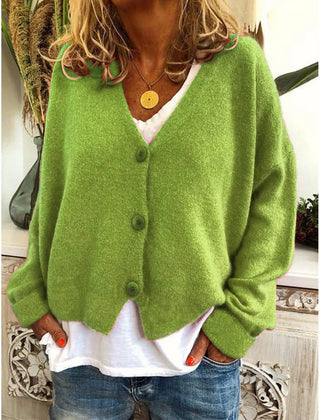 Women's V-neck button-front long sleeve cardigan with a relaxed hip-length fit