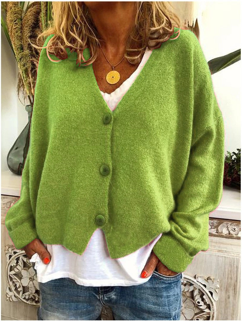 Women's V-neck button-front long sleeve cardigan with a relaxed hip-length fit