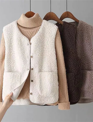 Women's matching set with button-front sleeveless vest and long-sleeve top in a neutral tone