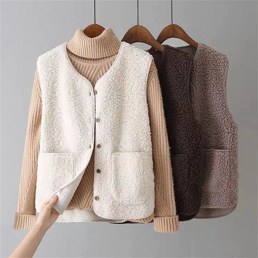Women's matching set with button-front sleeveless vest and long-sleeve top in a neutral tone
