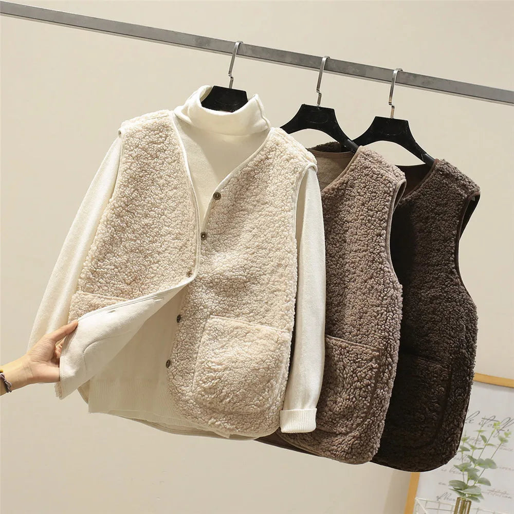 Women's matching set with button-front sleeveless vest and long-sleeve top in a neutral tone