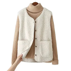 Women's matching set with button-front sleeveless vest and long-sleeve top in a neutral tone