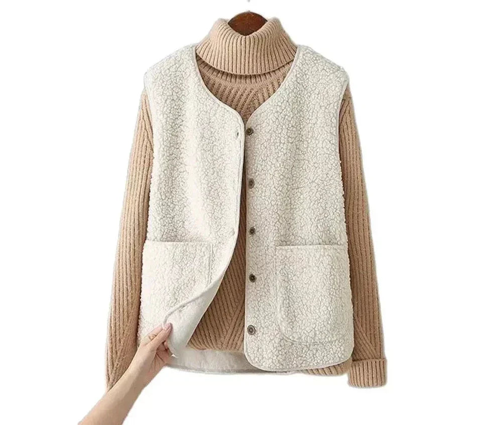 Women's matching set with button-front sleeveless vest and long-sleeve top in a neutral tone