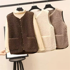 Women's matching set with button-front sleeveless vest and long-sleeve top in a neutral tone