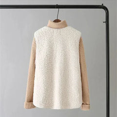 Women's matching set with button-front sleeveless vest and long-sleeve top in a neutral tone