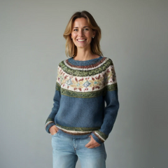Women's long sleeve sweater with wide neckline and patterned bands in a straight silhouette